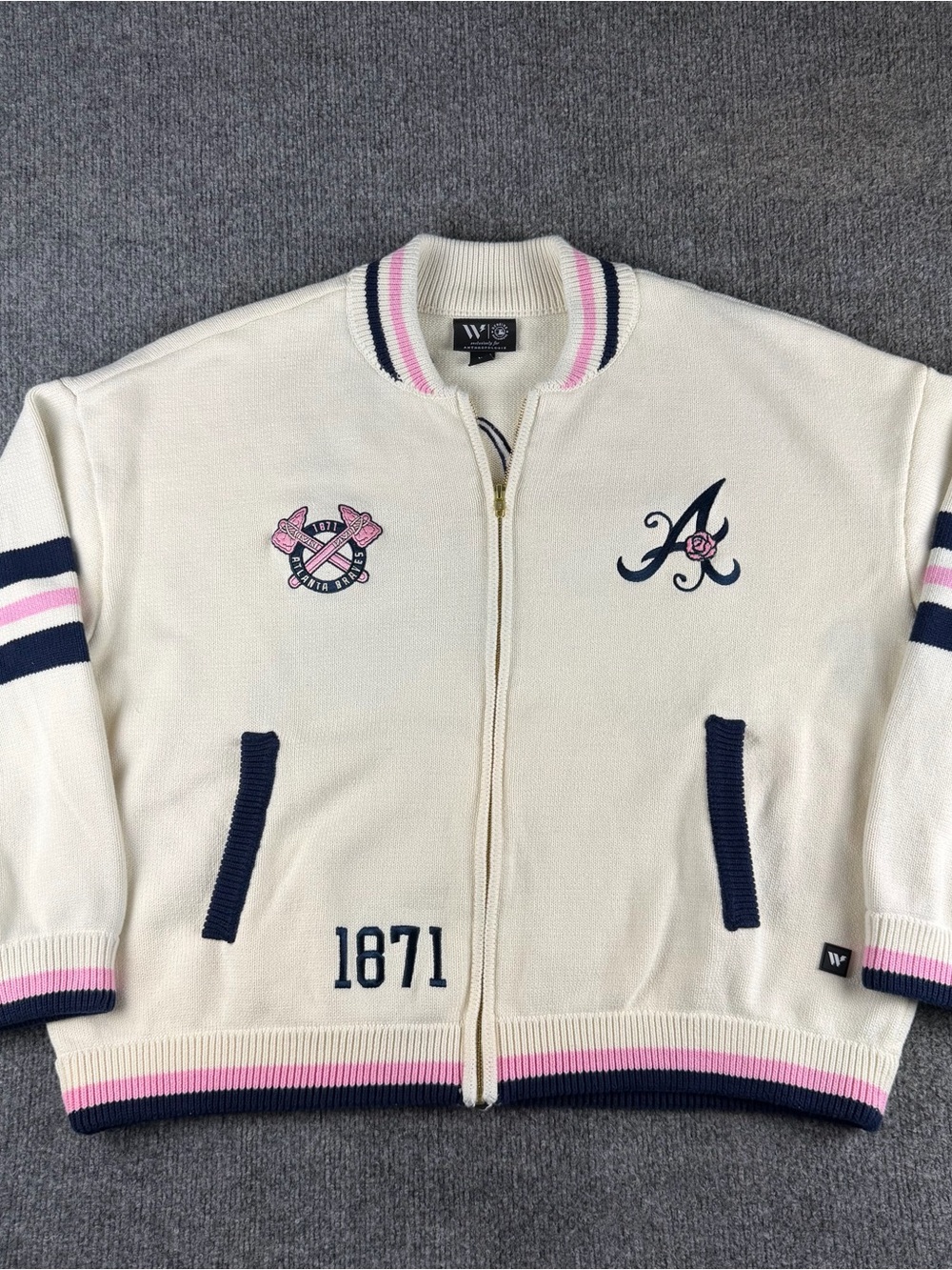 Anthropologie Atlanta Braves Knit Sweater Womens XL Cream Pink Zip Up Baseball - Picture 3 of 8